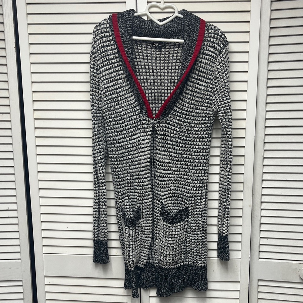 Textured Black & White V-Neck Cardigan with Red Trim